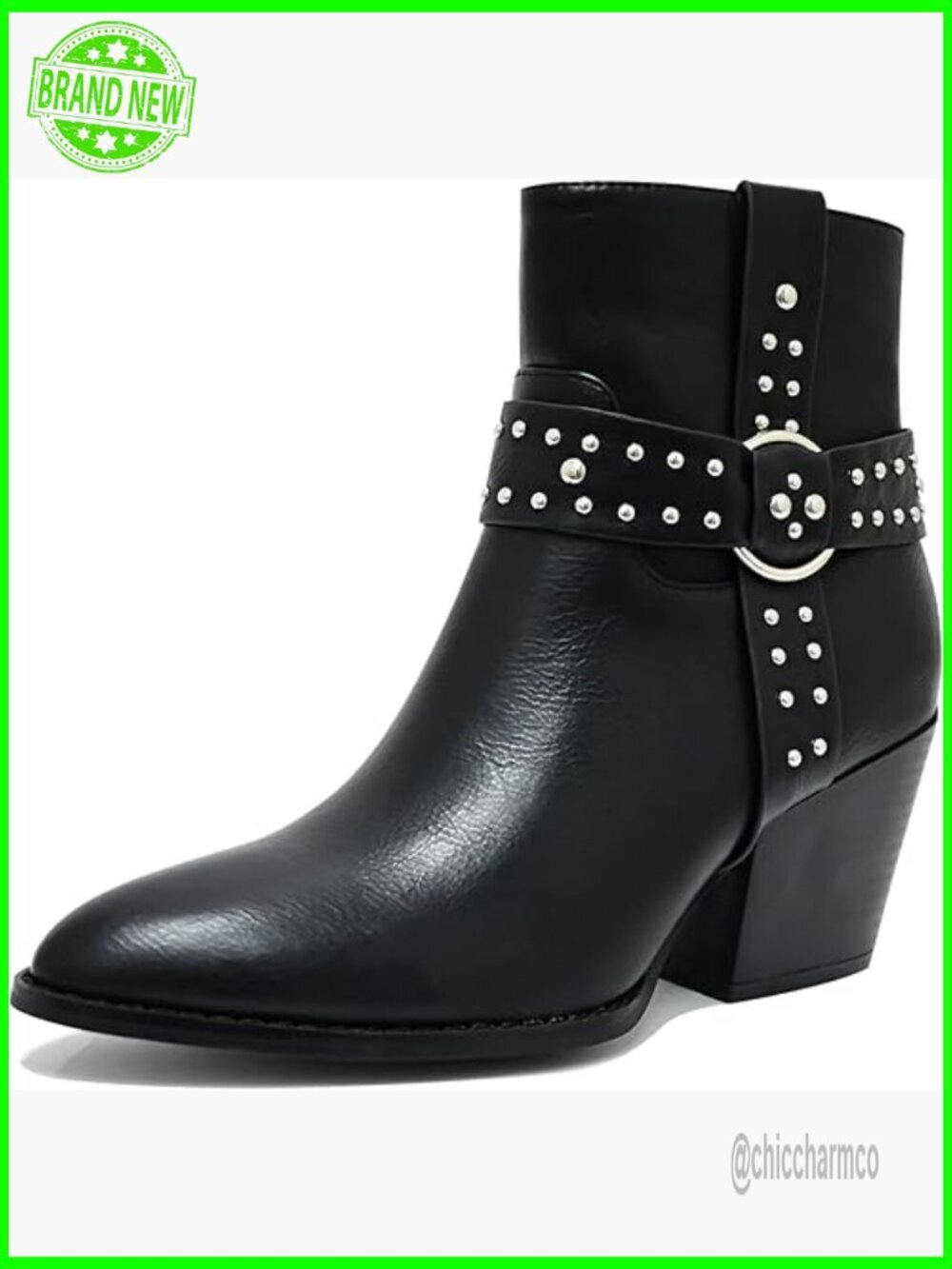 Chunky Stacked Heel Ankle Boots Pointed Toe Chelsea Combat Side Zipper Studded